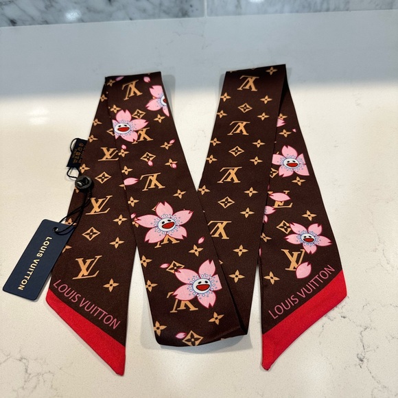 Louis Vuitton LV Fashion Murakami Silk Monogram Brown Pink Bandeau Twilly Scarf - Picture 1 of 4